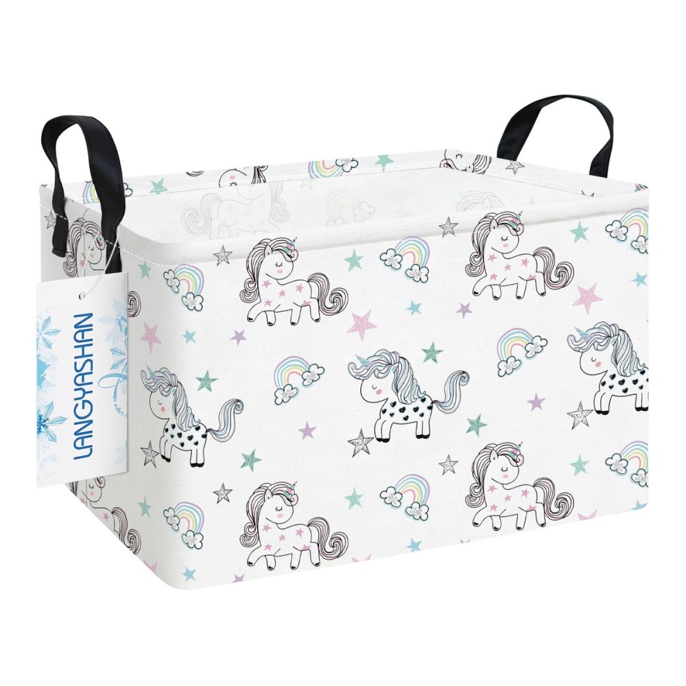 LANGYASHAN Rectangular Storage Bin Collapse Canvas Fabric Cartoon Storage Basket with Handles for Organizing Home Kitchen Boys and Girls Toys Office Closet Shelf Baskets (Rec Rainbow Unicorn)