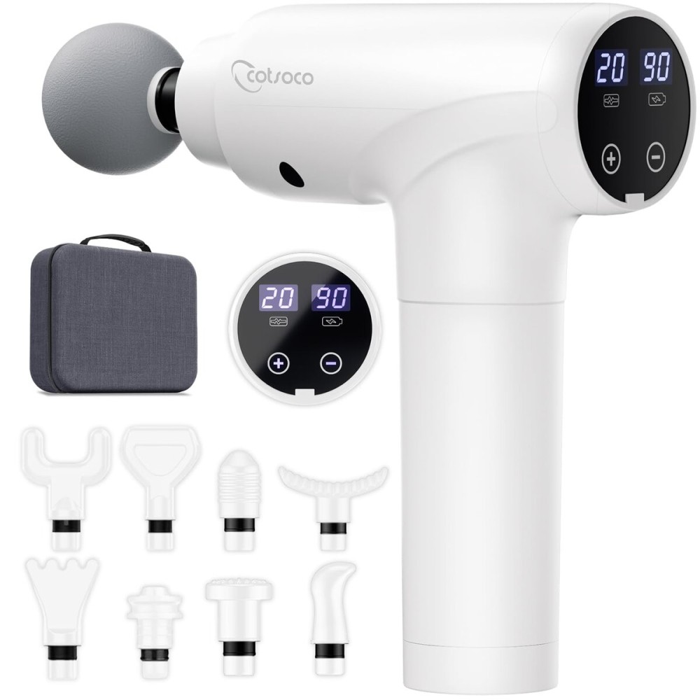cotsoco Massage Gun Deep Tissue, Muscle Massage Gun with 9 Attachment Heads 20 Speeds & Silent Brushless Motor for Pain Relief, Handheld Percussion Back Massager Gun for Athletes(White)