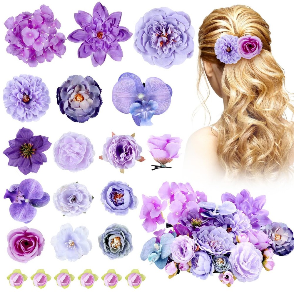 BBTO 21 Pcs Flower Hair Clip Rose Hair Clips Barrettes for Women Flower Accessories Boho Bride Claw Clip Hairpin Brooch Pin Headpiece for Wedding(Purple Series)