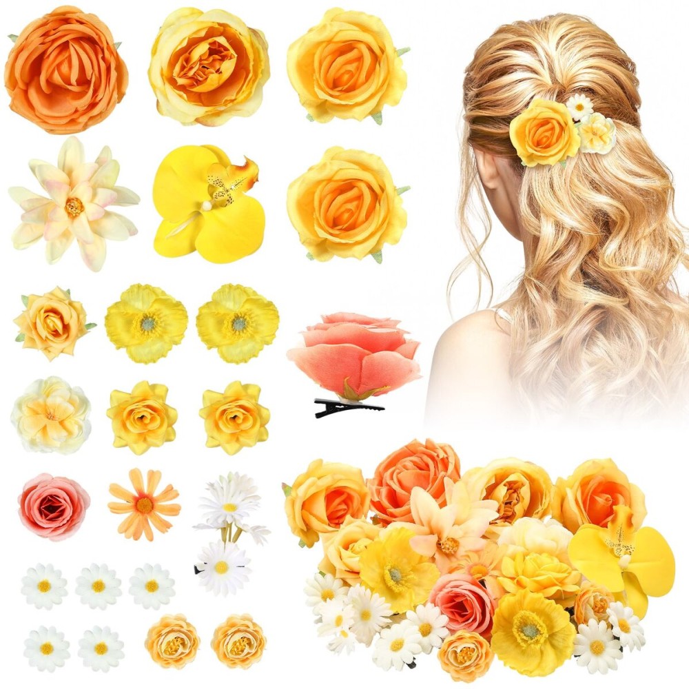 BBTO 21 Pcs Flower Hair Clip Rose Hair Clips Barrettes for Women Flower Accessories Boho Bride Claw Clip Hairpin Brooch Pin Headpiece for Wedding(Yellow Series)