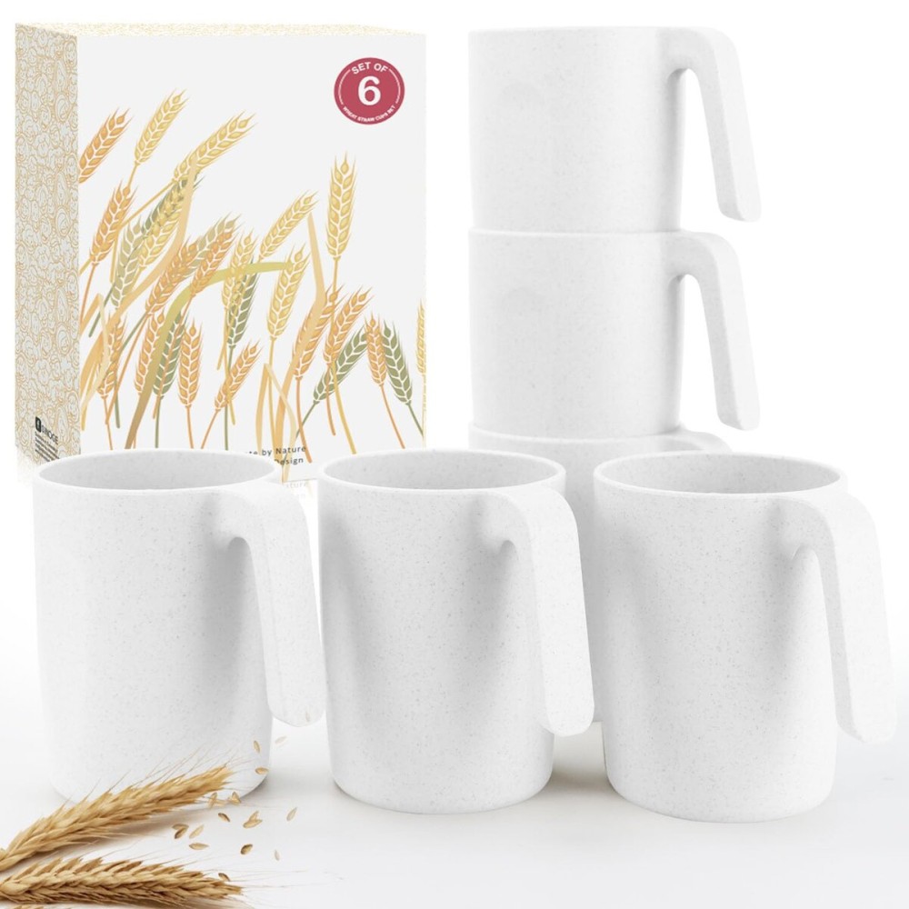 Wrova Wheat Straw Cups with Handles 16oz -Plastic Cups Reusable Set of 6-Unbreakable Coffee Mugs- Microwave & Dishwasher Safe Mug-Ideal Plastic Mugs for Tea,Coffee,Camping,RV-White