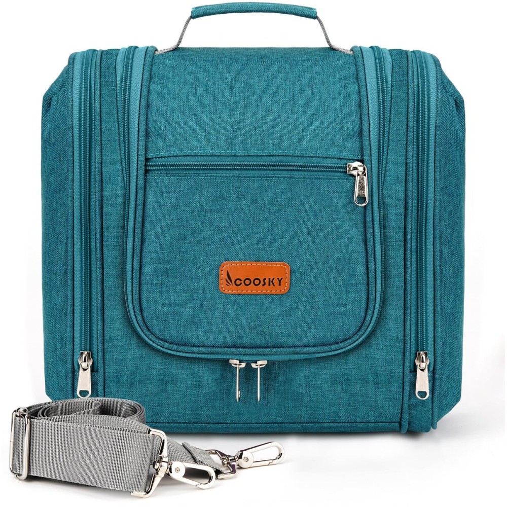 COOSKY Hanging Travel Toiletry Bag for Women and Men, 6 Organizer Compartments, Large Toiletries essentials, Bathroom Cosmetic Accessories, Water-resistant Makeup Bag, Holds Full-Size Shampoo, Blue