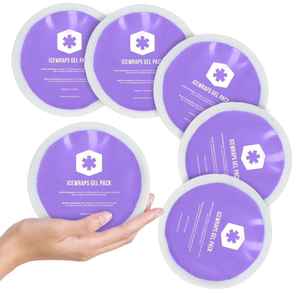 ICEWRAPS Round Ice Packs for Injuries Reusable, Hot and Cold Gel Ice Packs for Injuries, Hot & Cold Packs Compress Soft & Flexible, Fast Relief & Recovery (5-Pack/Purple- with Cloth Backing)