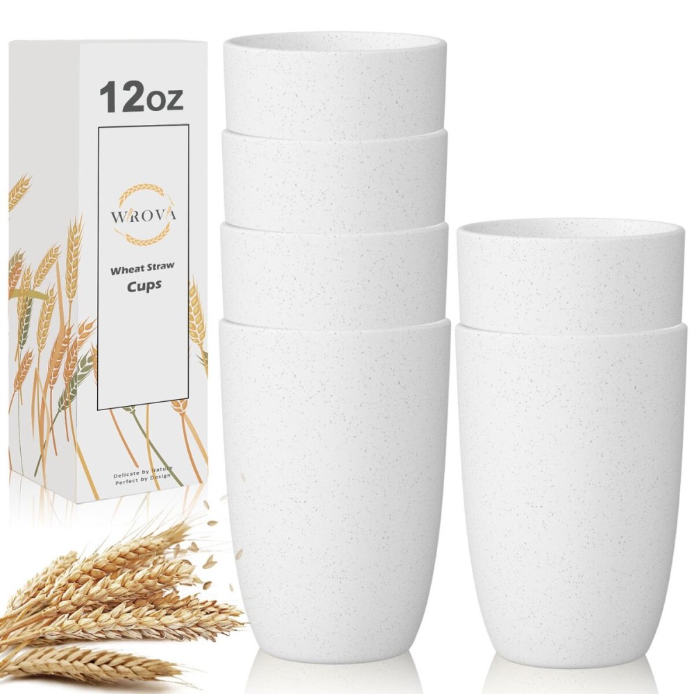 Wrova Wheat Straw Cups Set of 6 Good Alternative to Plastic Cups Reusable 12 oz Unbreakable Drinking Cup Reusable Dishwasher Safe Water Plastic Kitchen Glasses - White