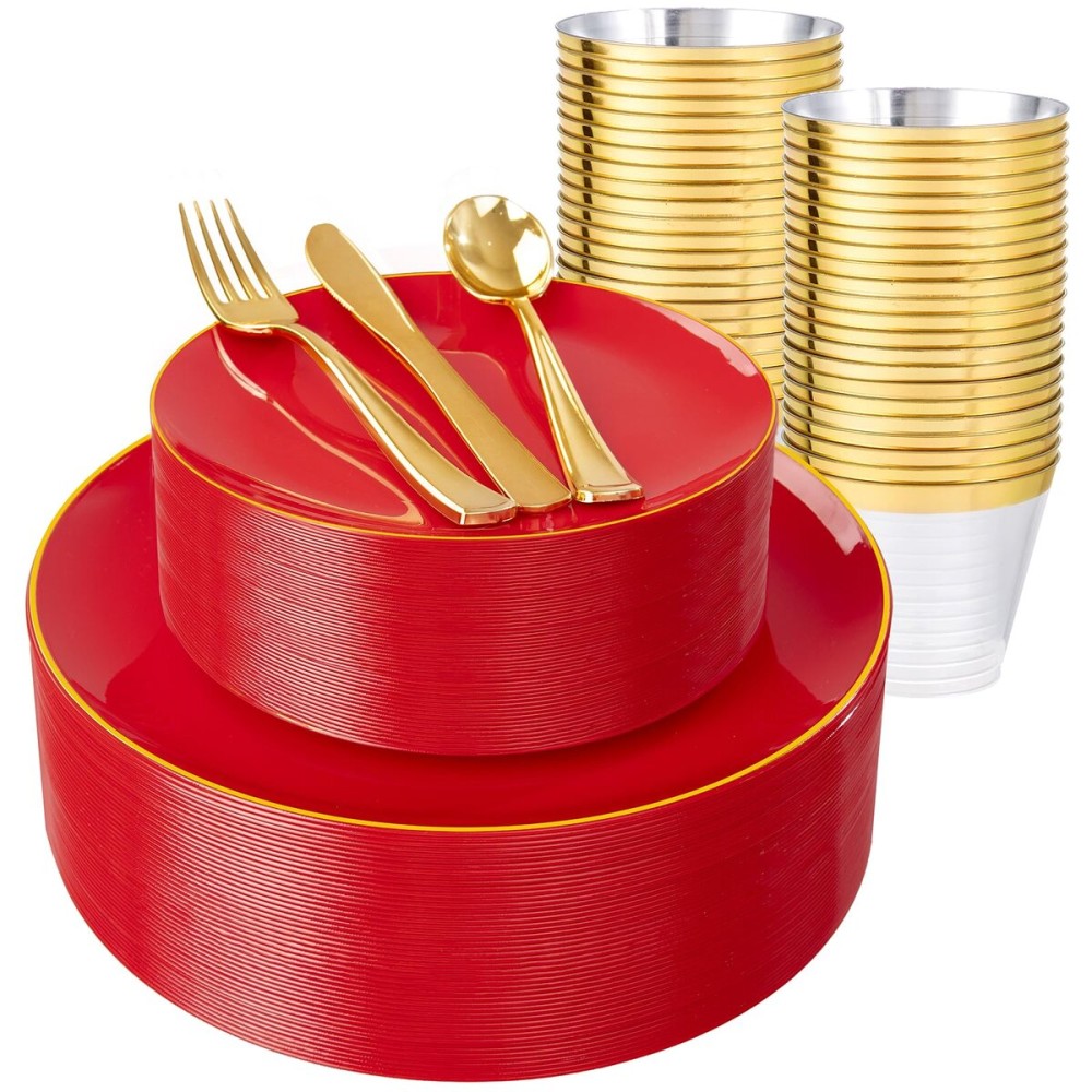 WDF 150Pcs Red Plastic Plates - Red Plates Disposable - 25Guest Christmas Dinnerware Include 25 Dinner Plate, 25 Dessert Plate, 75 Cutlery & 25 9oz Cups for Christmas & Parties