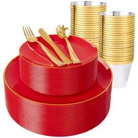 WDF 150Pcs Red Plastic Plates - Red Plates Disposable - 25Guest Christmas Dinnerware Include 25 Dinner Plate, 25 Dessert Plate, 75 Cutlery & 25 9oz Cups for Christmas & Parties