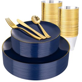 WDF 150pcs Blue plastic Plates - Navy Blue Plates Disposable - 25guest Disposable Dinnerware Sets for Hanukkah/Party/Wedding/Birthday