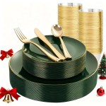 WDF 150Pcs Green Plastic Plates - Green Plates Disposable with Gold Rim - 25Guest Disposable Dinnerware Include 50 Christmas Plastic Plate, 75 Gold Cutlery & 25 9oz Cups for Christmas & Parties