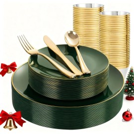 WDF 150Pcs Green Plastic Plates - Green Plates Disposable with Gold Rim - 25Guest Disposable Dinnerware Include 50 Christmas Plastic Plate, 75 Gold Cutlery & 25 9oz Cups for Christmas & Parties