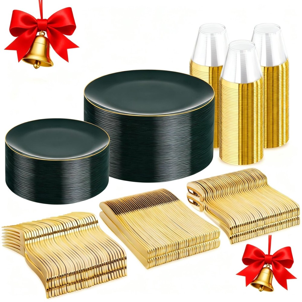 WDF 300Pcs Green Plates Disposable - Heavy Duty Green Plates - 50Guest Christmas Plastic Dinnerware Include 50 Dinner Plate, 50 Dessert Plate, 150 Cutlery & 50 9oz Cups for Christmas Parties