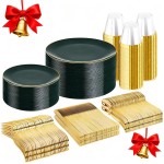 WDF 300Pcs Green Plates Disposable - Heavy Duty Green Plates - 50Guest Christmas Plastic Dinnerware Include 50 Dinner Plate, 50 Dessert Plate, 150 Cutlery & 50 9oz Cups for Christmas Parties