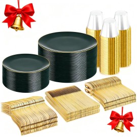WDF 300Pcs Green Plates Disposable - Heavy Duty Green Plates - 50Guest Christmas Plastic Dinnerware Include 50 Dinner Plate, 50 Dessert Plate, 150 Cutlery & 50 9oz Cups for Christmas Parties