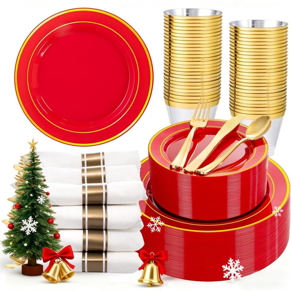 WDF Partyware 350Pieces Red Plastic Plates with Gold Rim Include 50Dinner Plate 10, 50Dessert Plate 7, 50 gold Cups 9 OZ, 50 Pre Rolled Napkins for Christmas Party