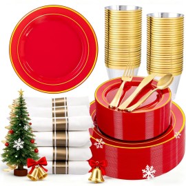 WDF Partyware 350Pieces Red Plastic Plates with Gold Rim Include 50Dinner Plate 10, 50Dessert Plate 7, 50 gold Cups 9 OZ, 50 Pre Rolled Napkins for Christmas Party
