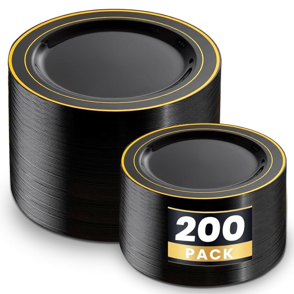 WDF 200PCS Black and Gold Plastic Plates - Black Plates Disposable for Party - Heavy Duty Plastic Plate for New Year