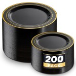 WDF 200PCS Black and Gold Plastic Plates - Black Plates Disposable for Party - Heavy Duty Plastic Plate for New Year