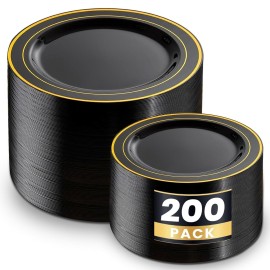 WDF 200PCS Black and Gold Plastic Plates - Black Plates Disposable for Party - Heavy Duty Plastic Plate for New Year