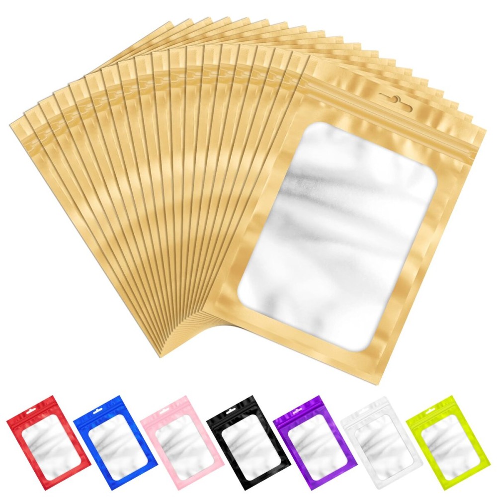 ANZNKU 100 Pcs Resealable Mylar Bags with Frosted Clear Window Packaging Bags Foil Pouch Zipper Bag for Food Self Sealing Storage Supplies (3.14x5.11 inches, Light Gold)
