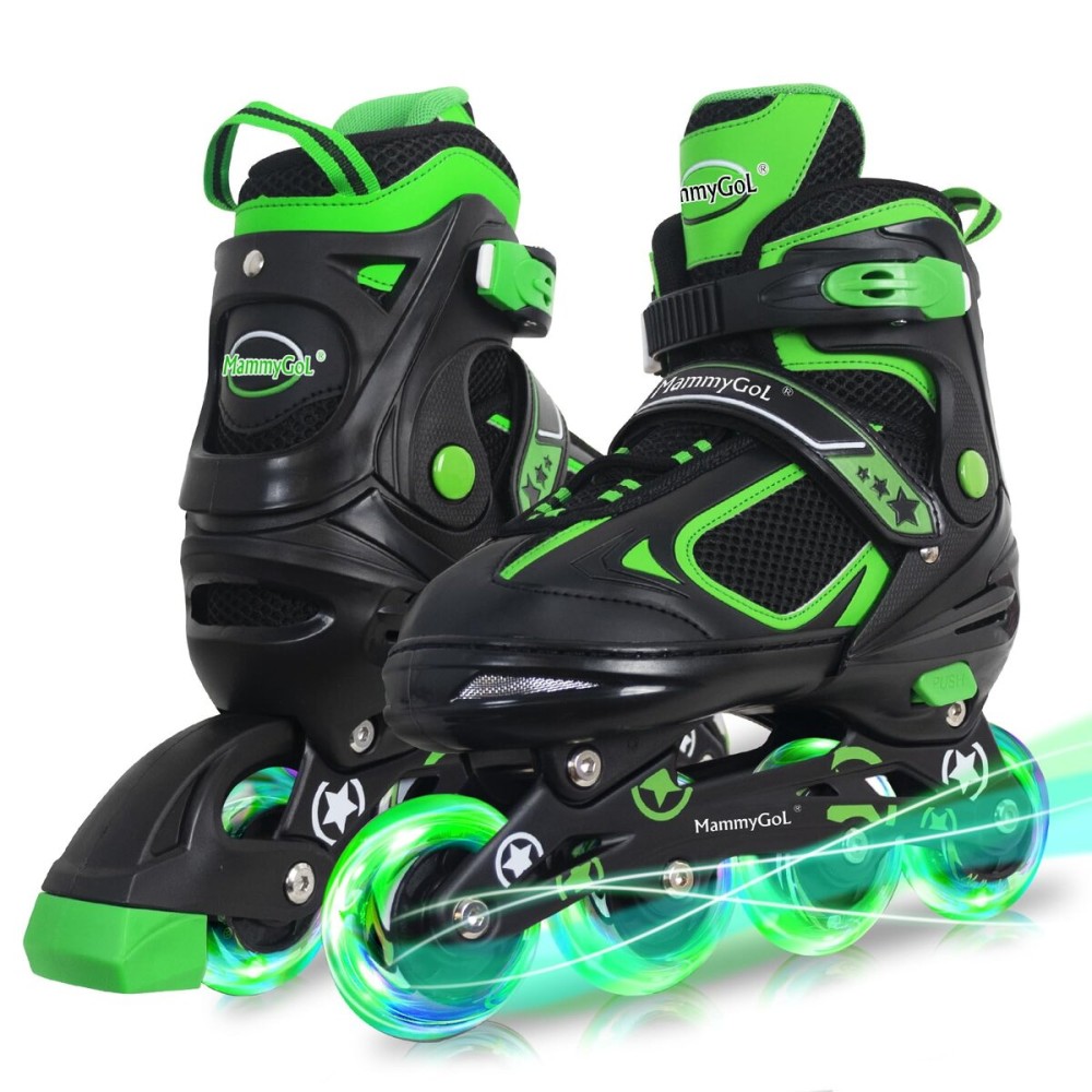 MammyGol Adjustable Inline Skates for Youth Adults with Light up Wheels, Green Beginner Blades Roller Skates for Women Men Size 8 9 10