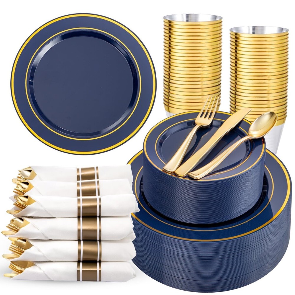WDF Partyware 350PCS Navy Blue and Gold Plastic Plates with Rolled Napkins Include Dinner Plate 10, Dessert Plate 7, gold Cups 9 OZ, Pre Rolled Napkins 25 of each type for Hanukkah Wedding