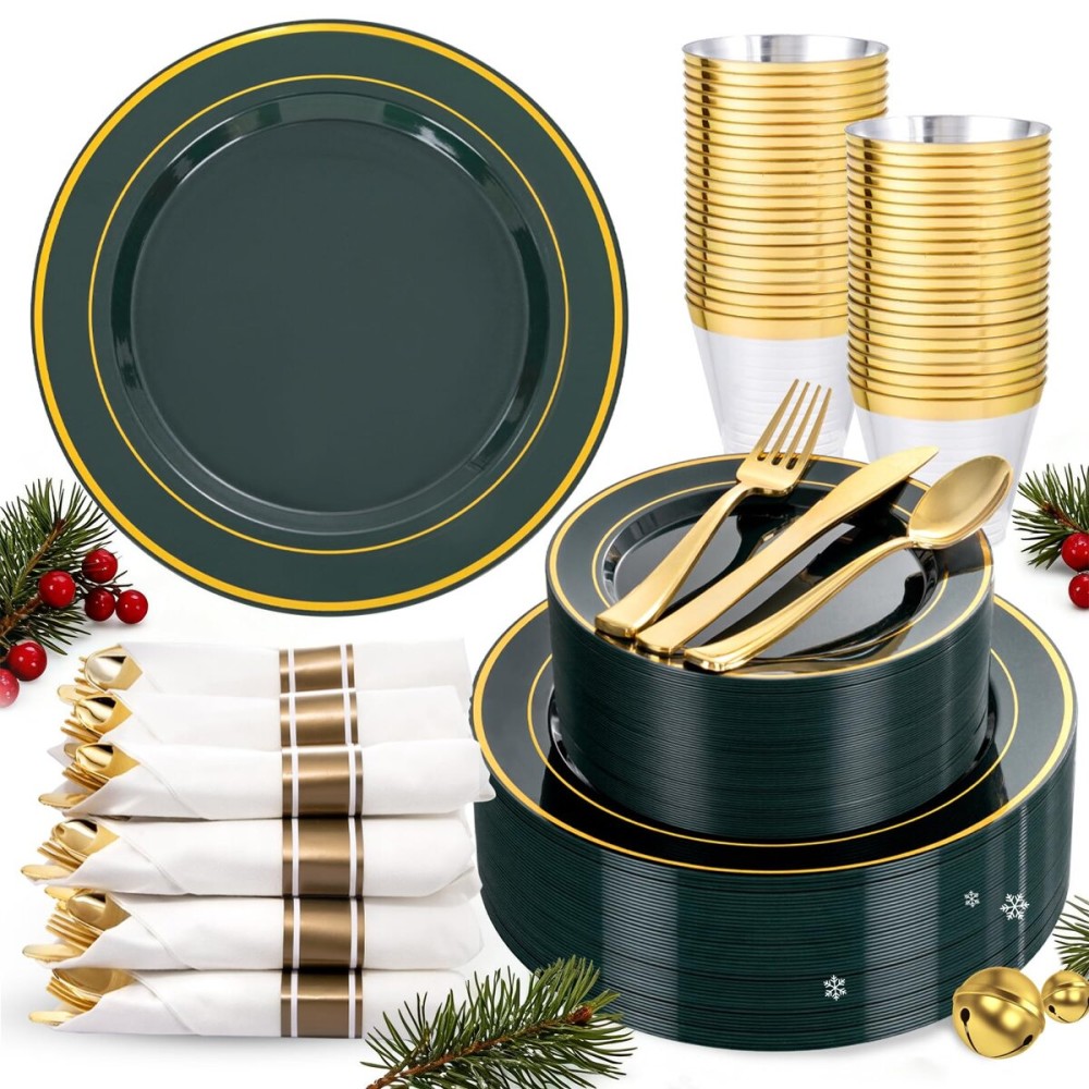WDF Partyware 350PCS Green and Gold Plates - Green Plastic Plates 50Guests Plastic Christmas Plate with Rolled Napkins for Party/Christmas/Birthday