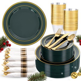 WDF Partyware 350PCS Green and Gold Plates - Green Plastic Plates 50Guests Plastic Christmas Plate with Rolled Napkins for Party/Christmas/Birthday