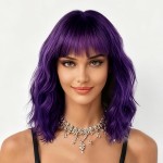 Nnzes Wig Bangs Natural Purple Short Wavy Hair for Women Natural Looking Heat Resistant Bob Wigs with Synthetic Wig for Daily Party Use