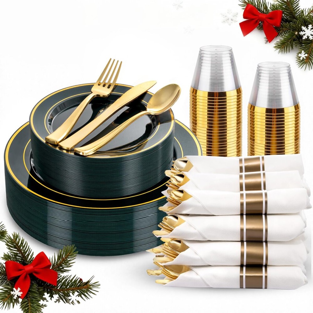 WDF Partyware 175PCS Green Plastic Plates - Green and Gold Disposable Plates 25Guests Plastic Christmas Plates with Rolled Napkins for Birthday/Christmas