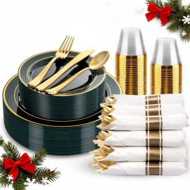 WDF Partyware 175PCS Green Plastic Plates - Green and Gold Disposable Plates 25Guests Plastic Christmas Plates with Rolled Napkins for Birthday/Christmas