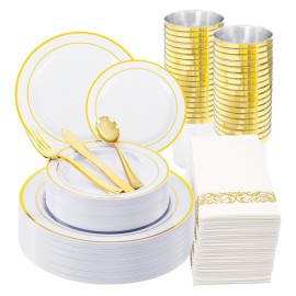 WDF 175PCS White and Gold Plastic Plates - Gold Plates Disposable - 25 Guest Christmas Disposable Dinnerware Sets Include 50 Plate, 25 Cutlery, 25 Napkins and 25 Cups for Party/Christmas/Wedding