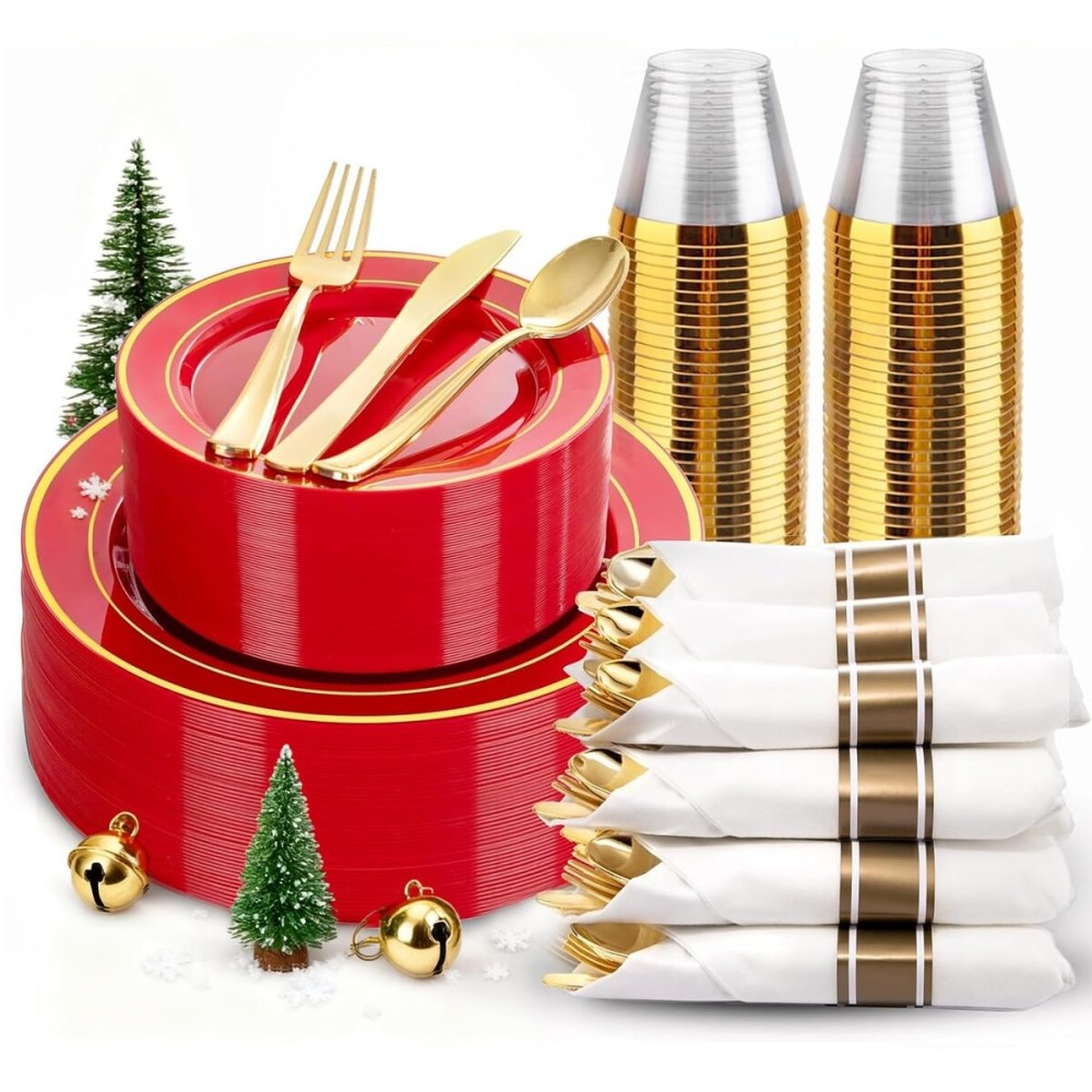WDF Partyware 175 Pieces Red Plastic Plates with Gold Rim Include Dinner Plate 10, Dessert Plate 7, gold Cups 9 OZ, Pre Rolled Napkins 25 of each type for Christmas Party