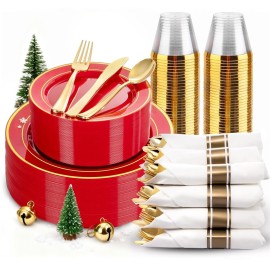 WDF Partyware 175 Pieces Red Plastic Plates with Gold Rim Include Dinner Plate 10, Dessert Plate 7, gold Cups 9 OZ, Pre Rolled Napkins 25 of each type for Christmas Party