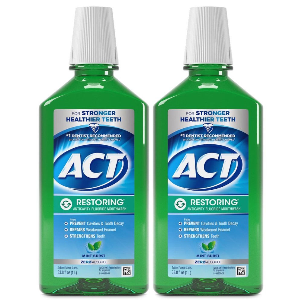 ACT Restoring Anticavity Fluoride Mouthwash with Zero Alcohol, Repairs Enamel & Strengthens Teeth, Mint Burst, 33.8 fl. oz., 2 pk
