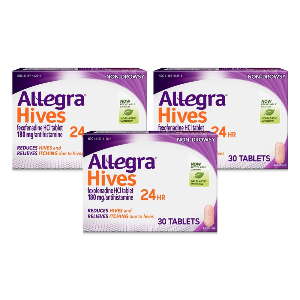 Allegra Hives Antihistamine 24-Hour Tablets, Non-Drowsy Hive Reduction and Hive Itch Relief, 180 mg Fexofenadine HCI, 30-Count, 3 pk