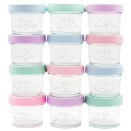 WeeSprout Glass Baby Food Storage Jars w/Lids (4 oz, 12 Pack Set) Snack, Puree, Reusable Small Containers, Breast Milk, Fridge or Freezer, Microwave & Dishwasher Safe, Essential Must Have for Infants