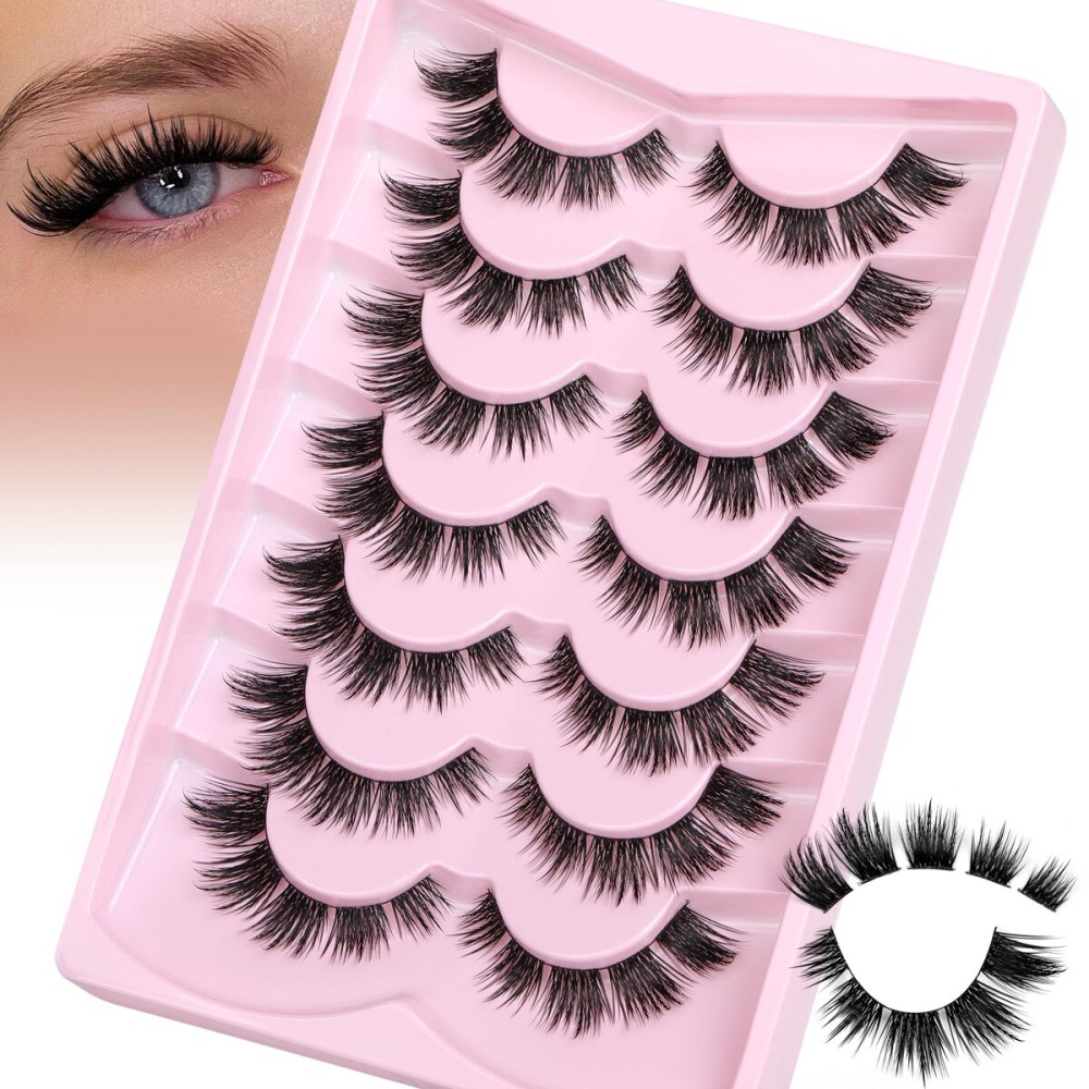 JIMIRE False Eyelashes Natural Look Wispy Lash Clusters Manga Cat Eye Lashes 15MM Mink Lashes Fluffy Russian D Curly Strip Lashes Look Like Lash Extensions Pestaas 7 Pairs Pack