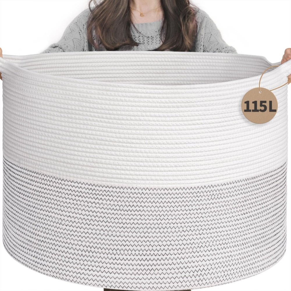INDRESSME 115L Extra Large Blanket Basket, Cotton Rope Toy Baskets Storage Kids Toy Bin for Playroom Decor Woven Baby Laundry Basket for Organizing, Black Stitch