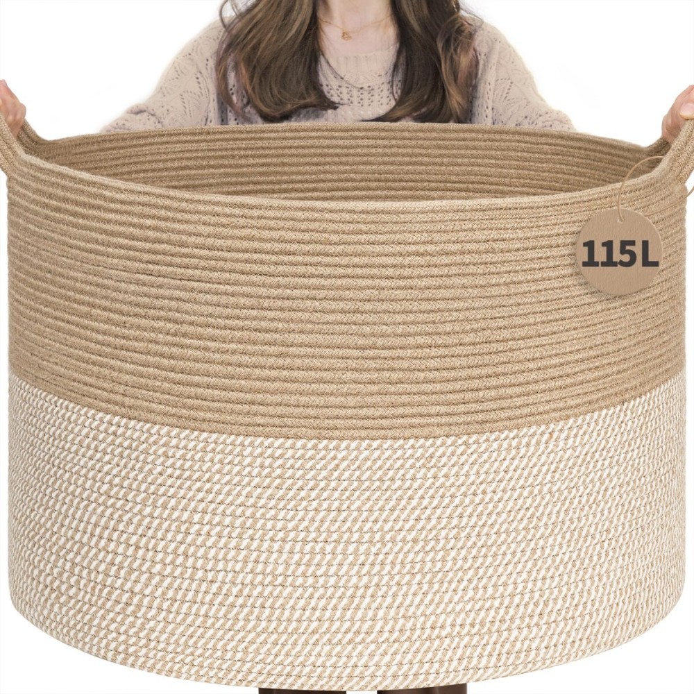 INDRESSME 115L Extra Large Woven Baskets for Storage, Wicker Basket for Living Room Decor Laundry Baskets for Blankets Clothes Pillows Towel Shoe Basket for Entryway, White & Jute