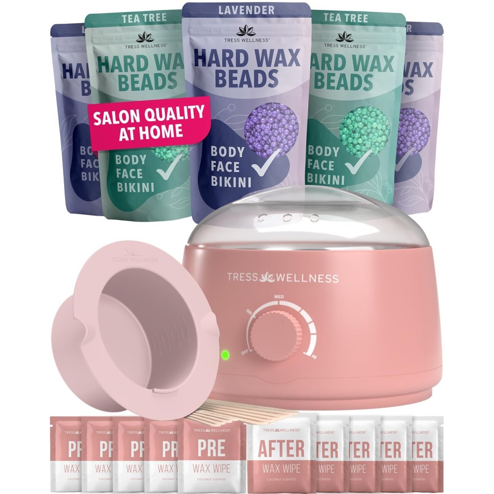 Tress Wellness Waxing Kit for Sensitive Skin - Safe for Face & Skin, Prep & Aftercare Wipes, Easy to Use - At-Home Kit for Face, Bikini, Brazilian & Full Body - Pink, No Display