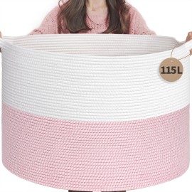 INDRESSME 115L Extra Large Pink Laundry Basket for Nursery Stuffed Animal Storage, Blanket Rope Baby Baskets Kids Toy Organizer Dorm Room Essentials for Girls, Pink