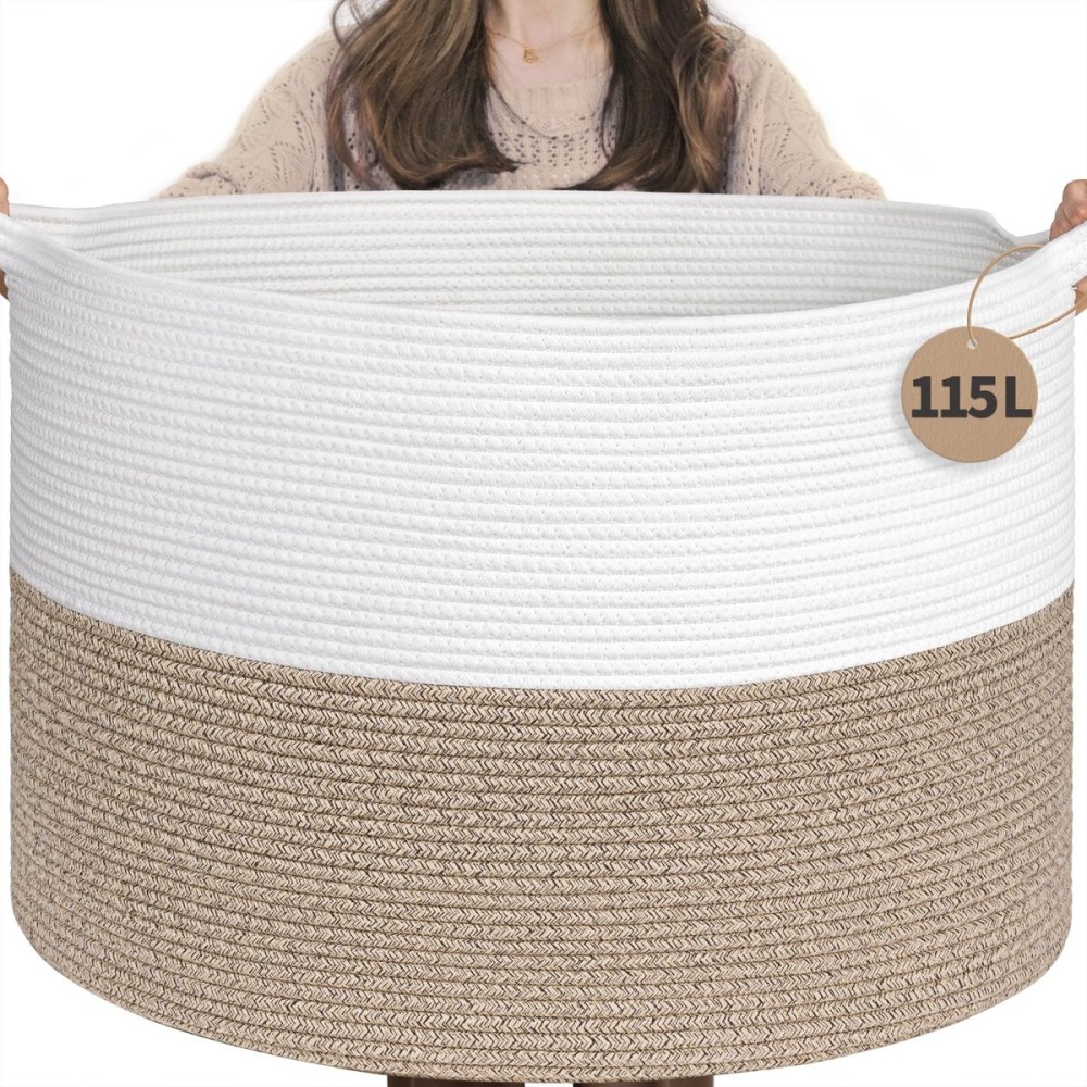 INDRESSME 115L Extra Large Blanket Basket, Soft Cotton Rope Storage Baskets for Organizing Living Room Dcor Toy Storage for Kids,Decorative Woven Basket for Laundry & Towels, Light Brown