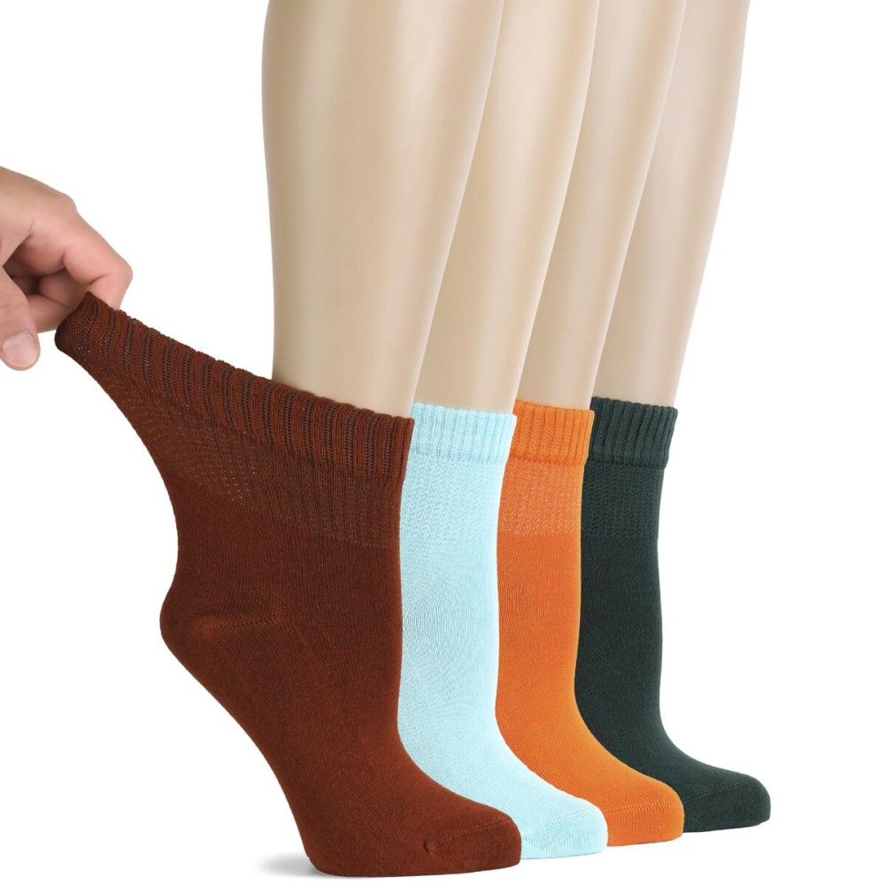 Hugh Ugoli Diabetic Socks for Women, Super Soft, Thin, Ankle, Wide, Loose, Non-Binding Top, Seamless Toe, 4 Pairs,B.Brown, P.Blue, P.Orange, D.ForestGreen, Shoe Size: 6-9
