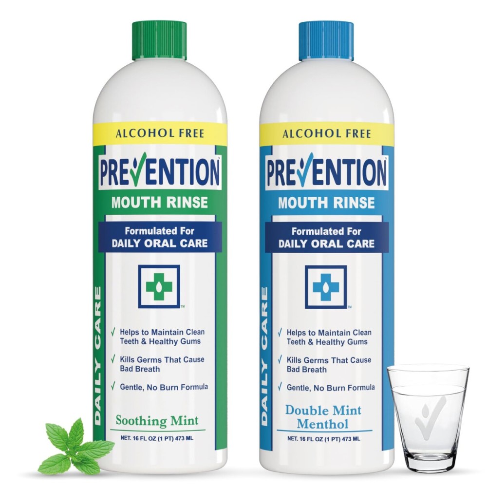 Prevention Daily Care Combo Pack, Alcohol-Free Mouthwash, Hydrogen Peroxide Teeth Whitening, 1 Bottle of Soothing Fresh Mint, 1 Bottle of Double Mint Menthol, Gum Care Oral Mouth Rinse 16 oz 2 Pack.