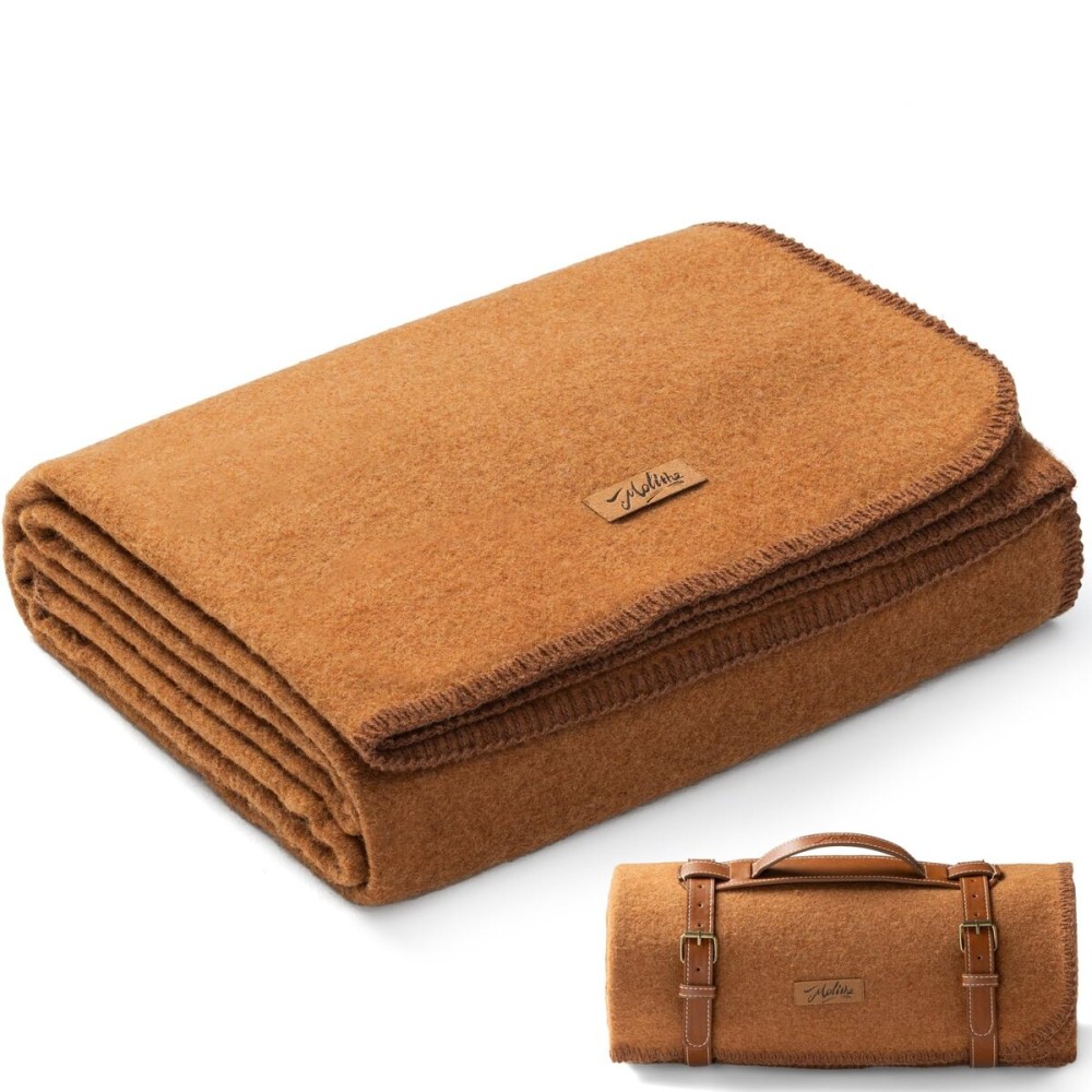 Molithe 100% Wool Blanket, 62 x 86, Warm, Thick, Washable, Military Wool Blanket, Great for Camping, Outdoors, Sporting Events, Survival Kits, Dark Camel