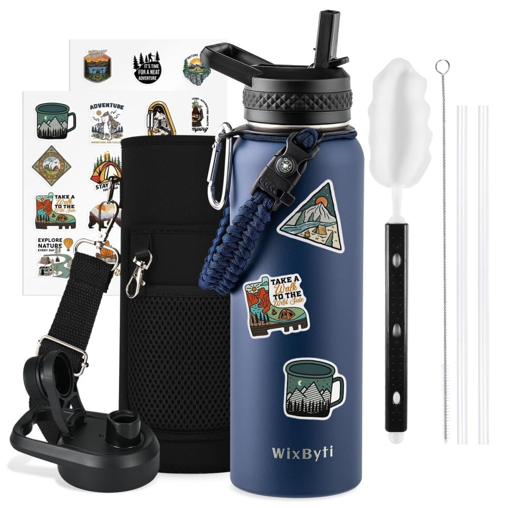 WixByti 40 oz Insulated Water Bottle with Straw (Cold for 48 Hrs), Stainless Steel Triple Wall Vacuum Sports Water Jug, Leakproof Hydro Cup Flask with Paracord Handle & Straw Spout Lids & DIY Stickers