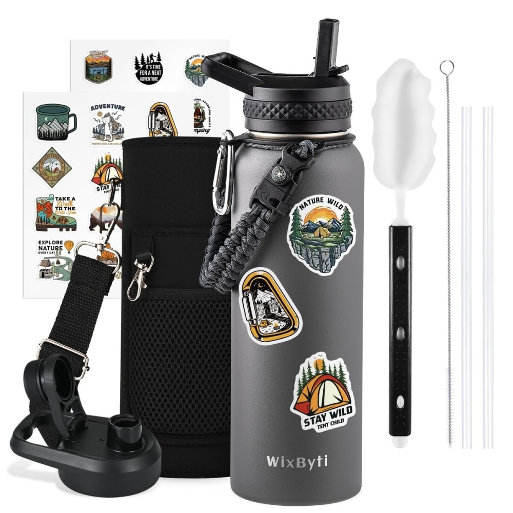 WixByti 40 oz Insulated Water Bottle with Straw (Cold for 48 Hrs), Stainless Steel Triple Wall Vacuum Sports Water Jug, Leakproof Hydro Cup Flask with Paracord Handle & Straw Spout Lids & DIY Stickers
