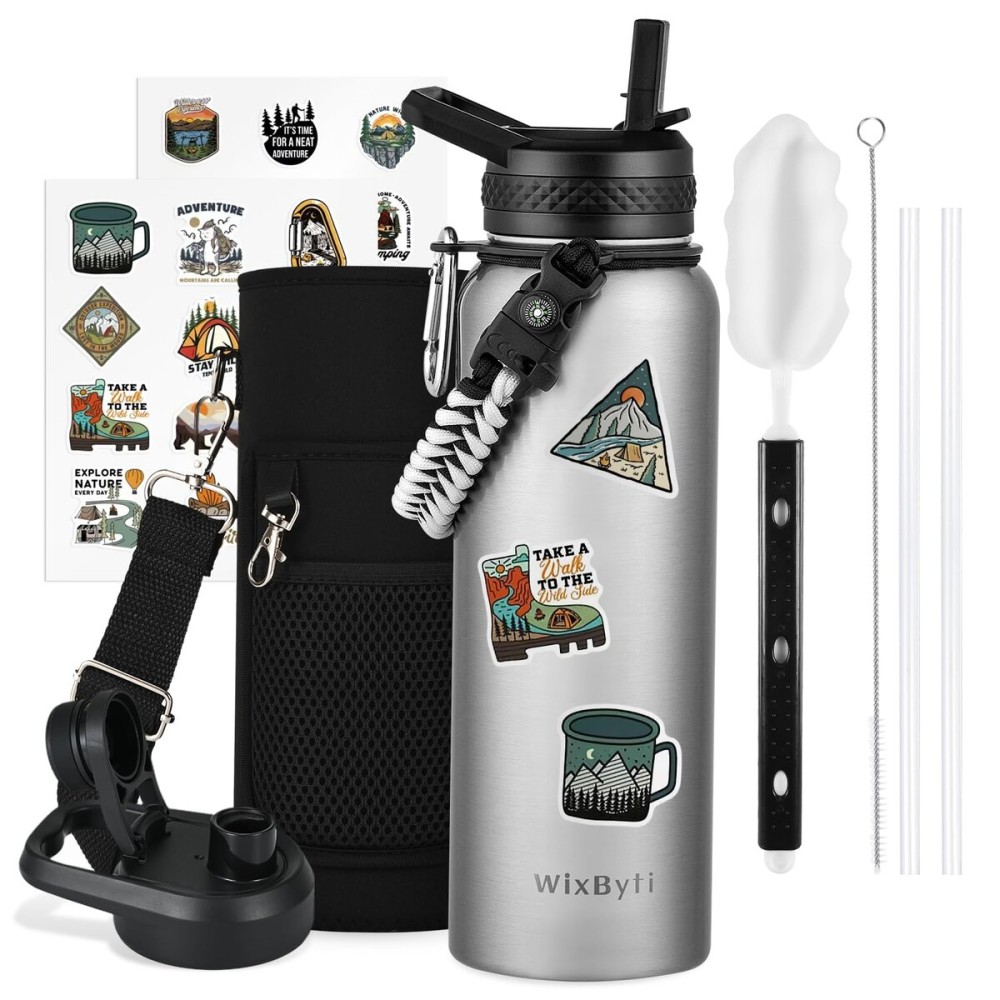 WixByti 40 oz Insulated Water Bottle with Straw (Cold for 48 Hrs), Stainless Steel Triple Wall Vacuum Sports Water Jug, Leakproof Hydro Cup Flask with Paracord Handle & Straw Spout Lids & DIY Stickers