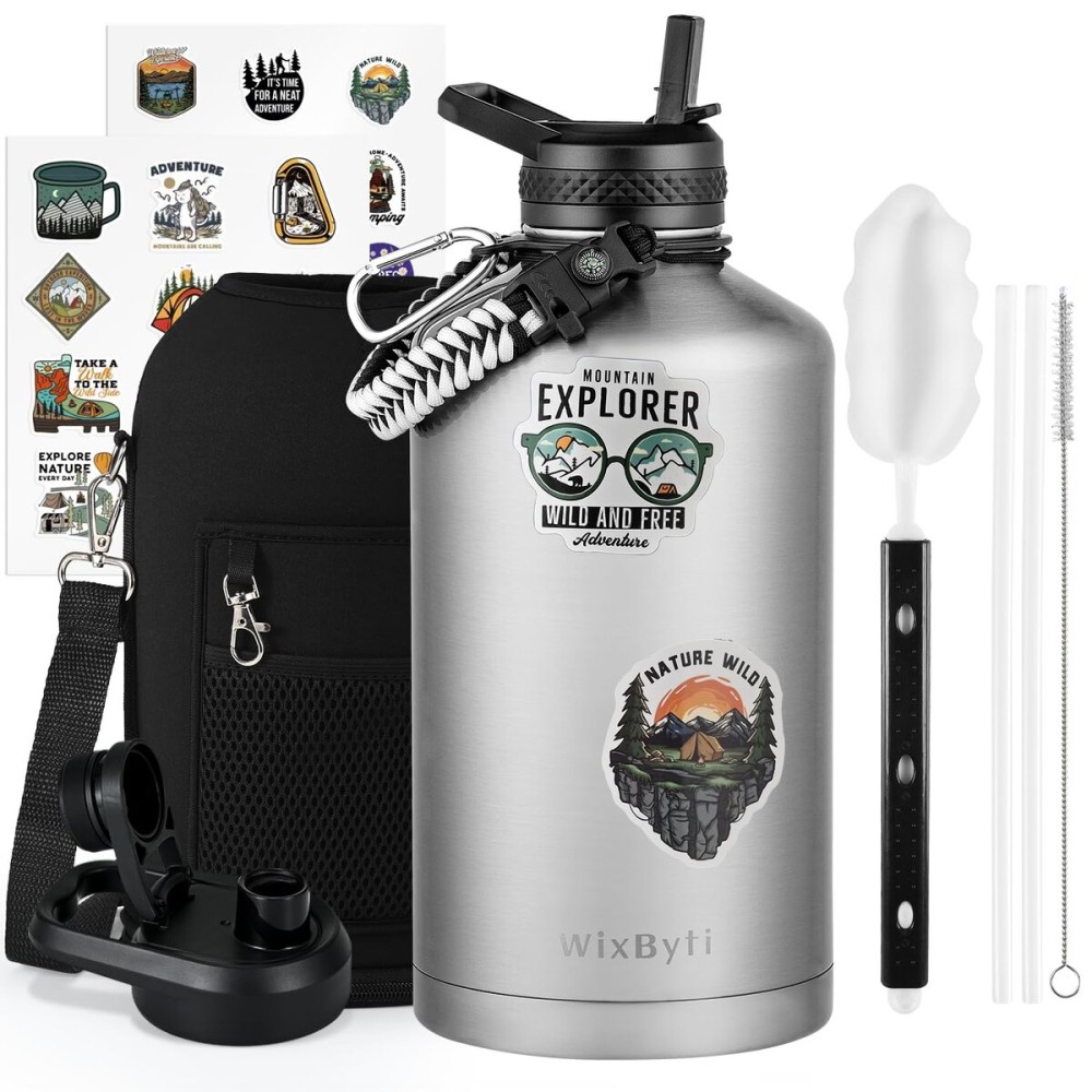 WixByti One Gallon Water Bottle Insulated, Triple Wall Vacuum Cold for 48 Hrs & Leak-proof & Non-BPA, 128oz Large Sports Stainless Steel Water Jug with Paracord Handle Straw Spout Lids & DIY Stickers