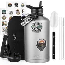 WixByti One Gallon Water Bottle Insulated, Triple Wall Vacuum Cold for 48 Hrs & Leak-proof & Non-BPA, 128oz Large Sports Stainless Steel Water Jug with Paracord Handle Straw Spout Lids & DIY Stickers
