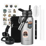 WixByti 32 oz Insulated Water Bottle with Straw (Cold for 48 Hrs), Stainless Steel Triple Wall Vacuum Sports Water Jug, Leakproof Hydro Cup Flask with Paracord Handle & Straw Spout Lids & DIY Stickers